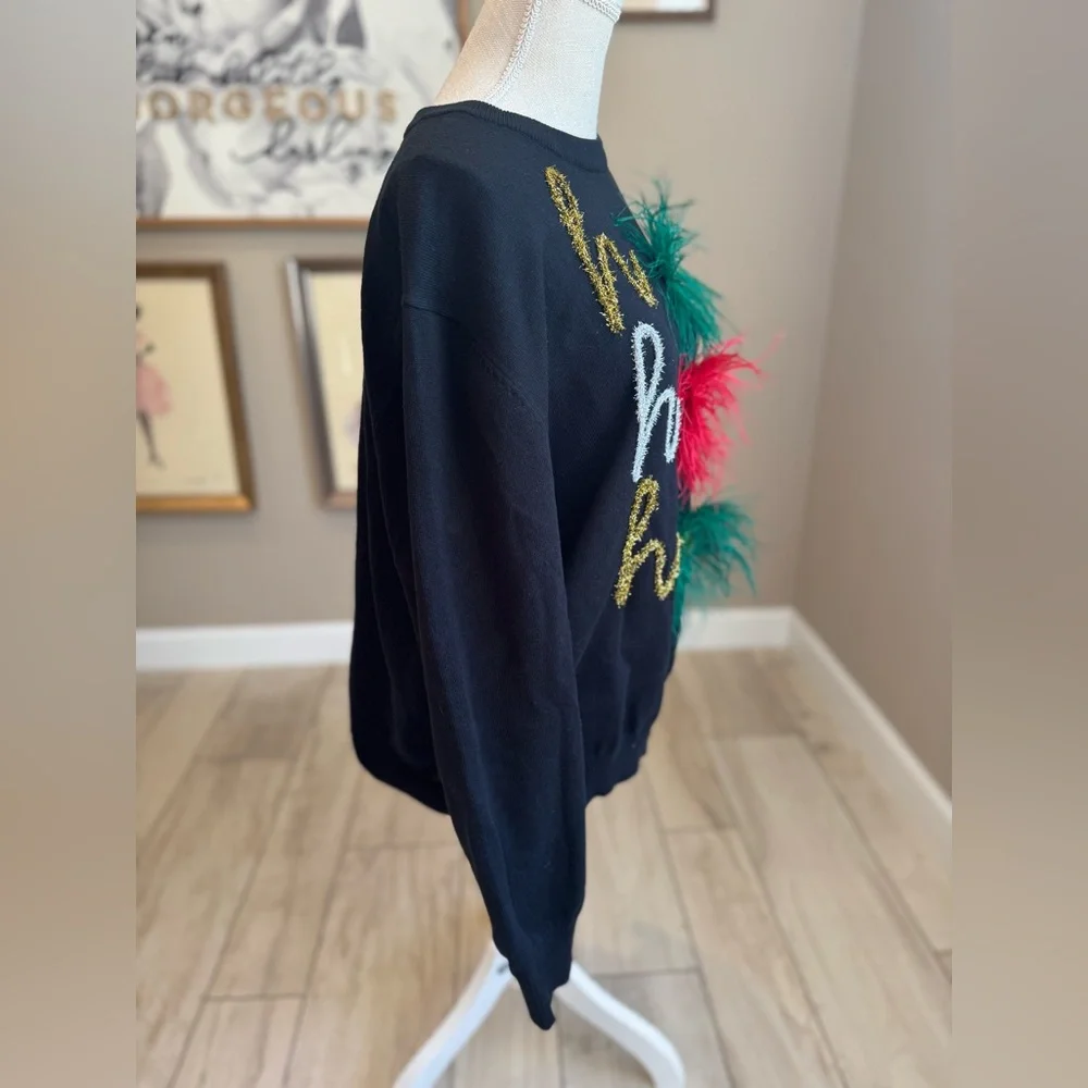 New! QUEEN OF SPARKLES Ho Ho Ho Black Crewneck Feather & Tinsel Sweater